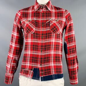 HOLLYWOOD TRADING CO L Red Black White Plaid Distressed Cotton Long Sleeve Shirt